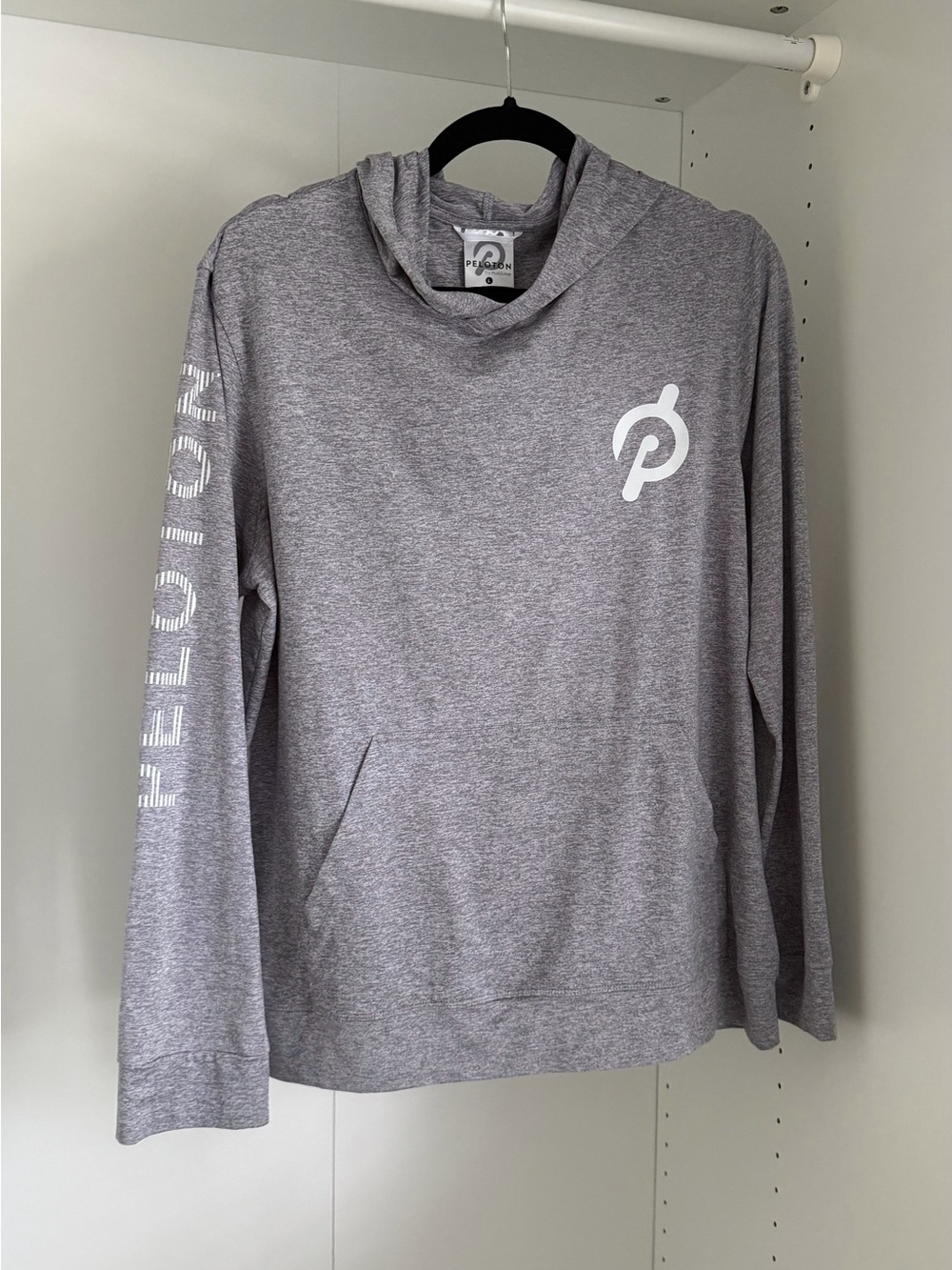 Peloton Heather Gray Lightweight Performance Pullover Hoodie Logo Sleeve